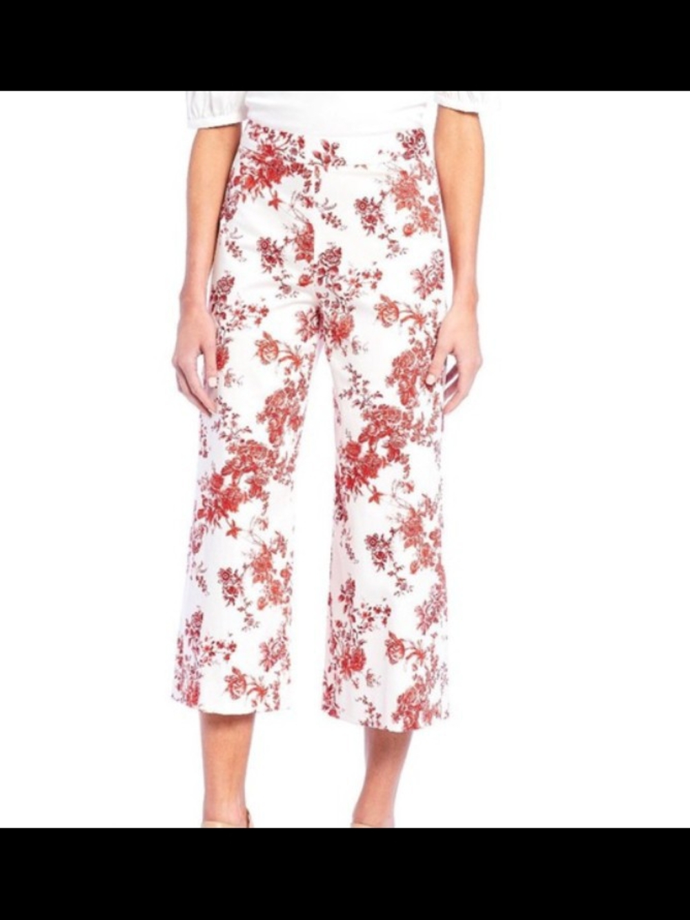 Antonio Melani White Cropped Wide-Leg Pants with Red Floral Print